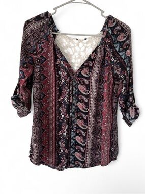 Boho Paisley Lace-Back Blouse in Burgundy and Black